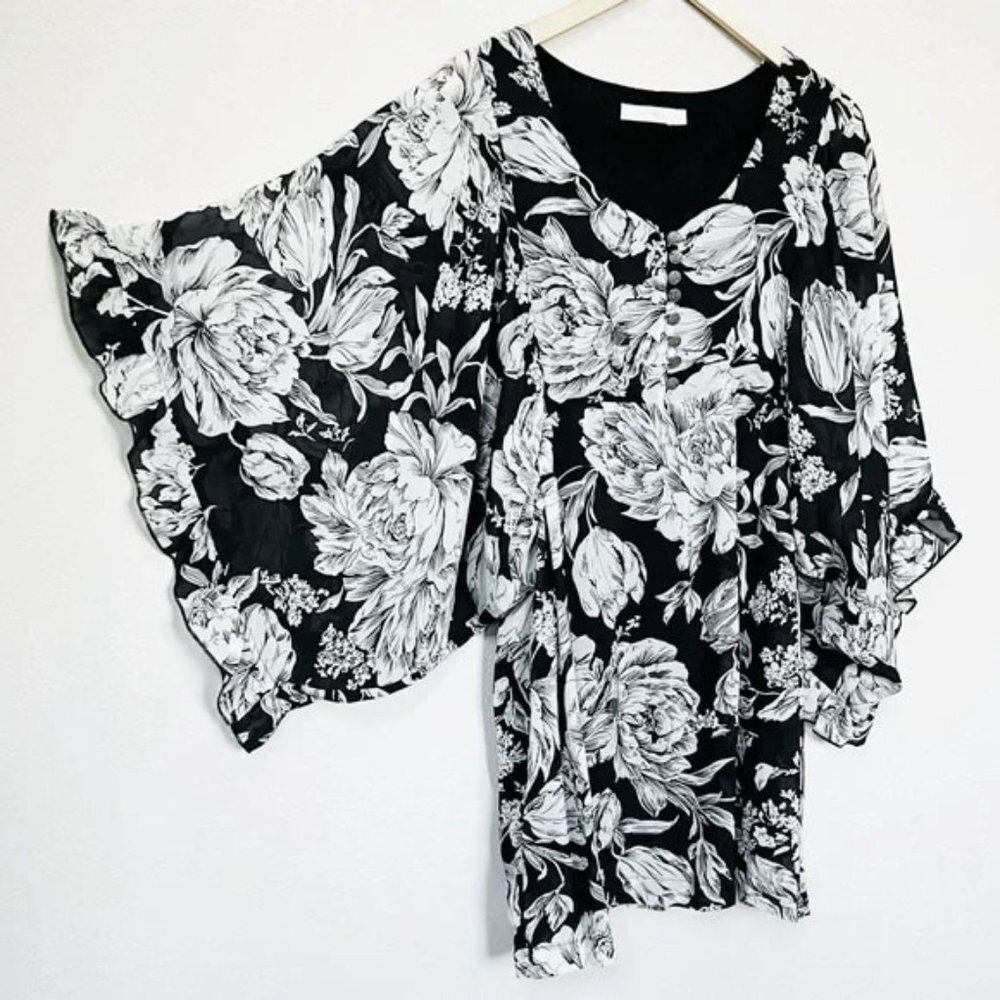 MINKPINK Women's Black Floral V Neck Flutter Kimono Ruffle Sleeves Mini Dress 10 - Picture 5 of 14